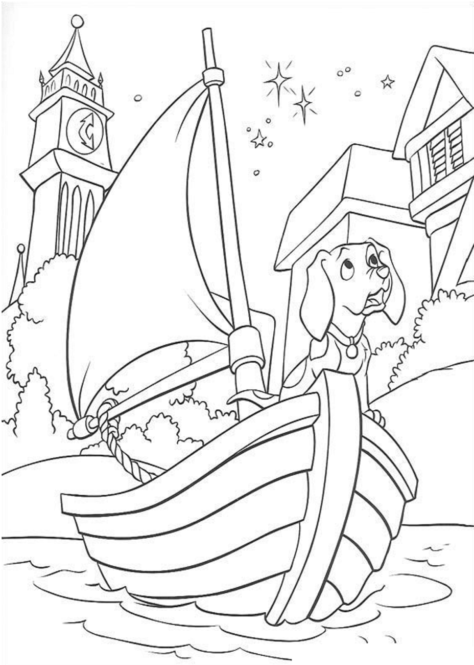 Desenho de Cão dos 101 Dálmatas no Barco a Remos para Colorir