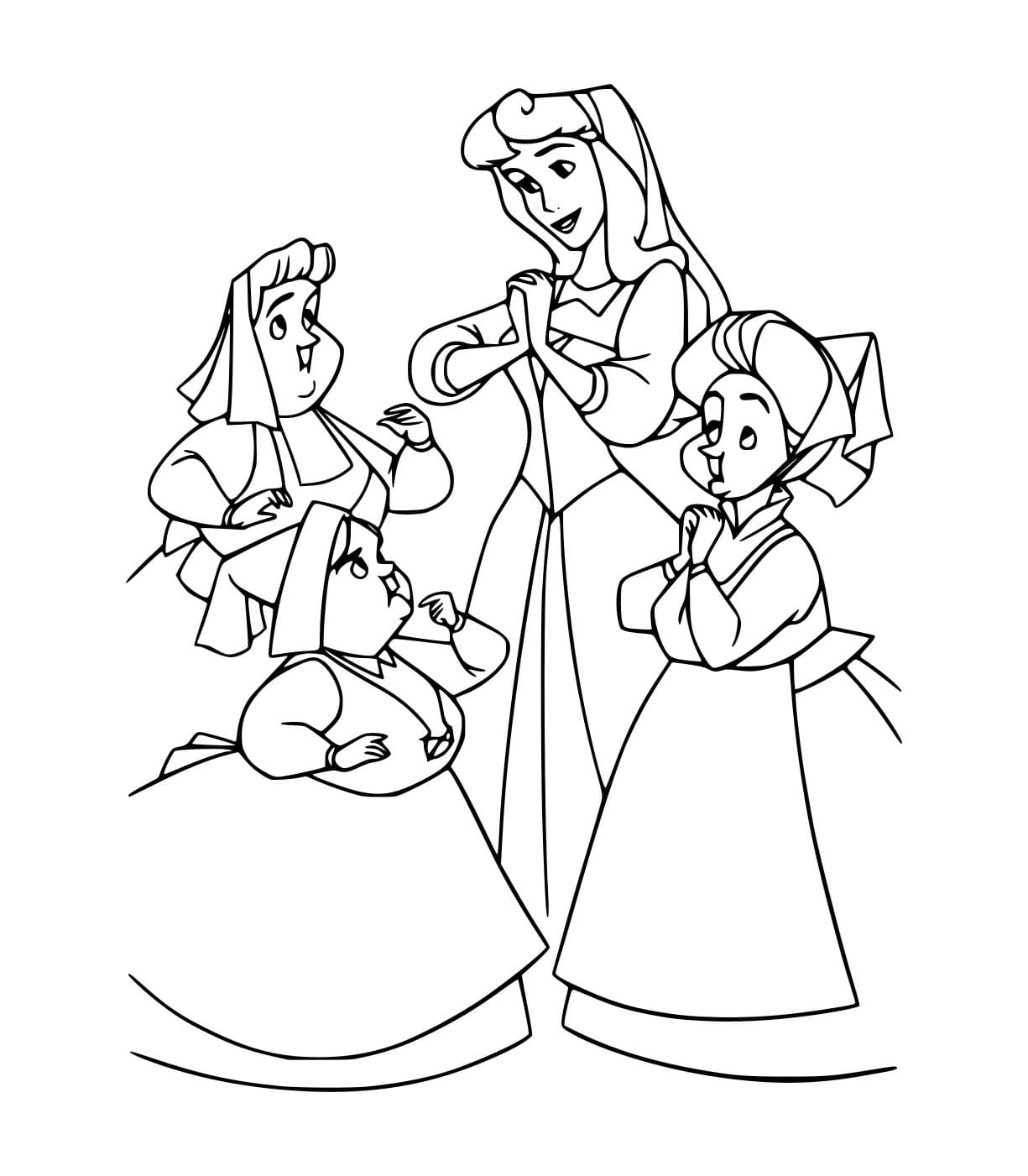 Desenho de Aurora com Fadas Idosas para Colorir e Pintar