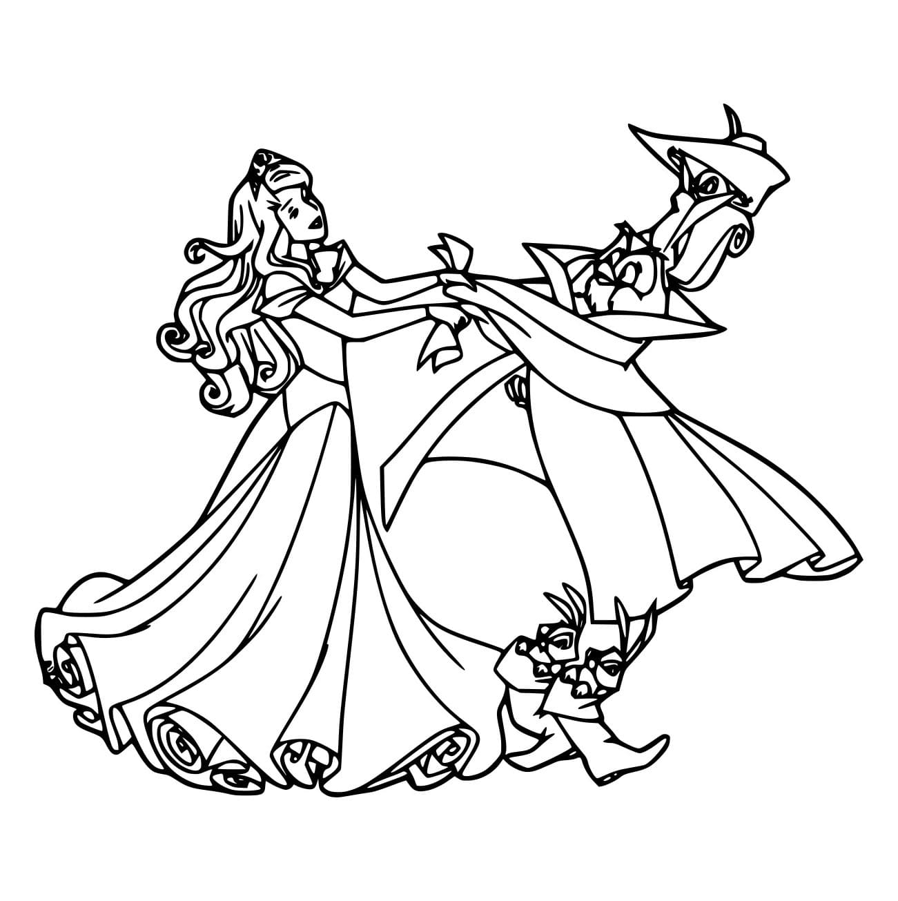 Desenho de Aurora Dançando com Animais da Floresta para Colorir e Pintar