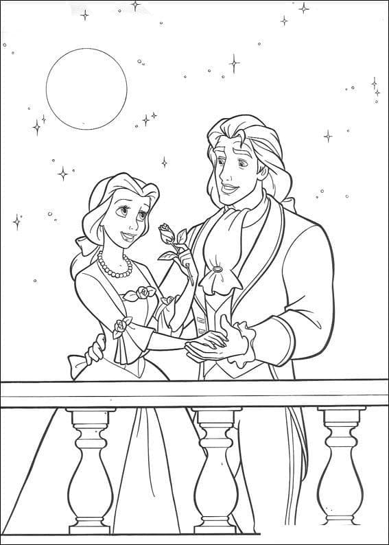 Desenho de Disney a Fera e Bela com Céu Cheio de Estrelas e Linda Lua para Colorir