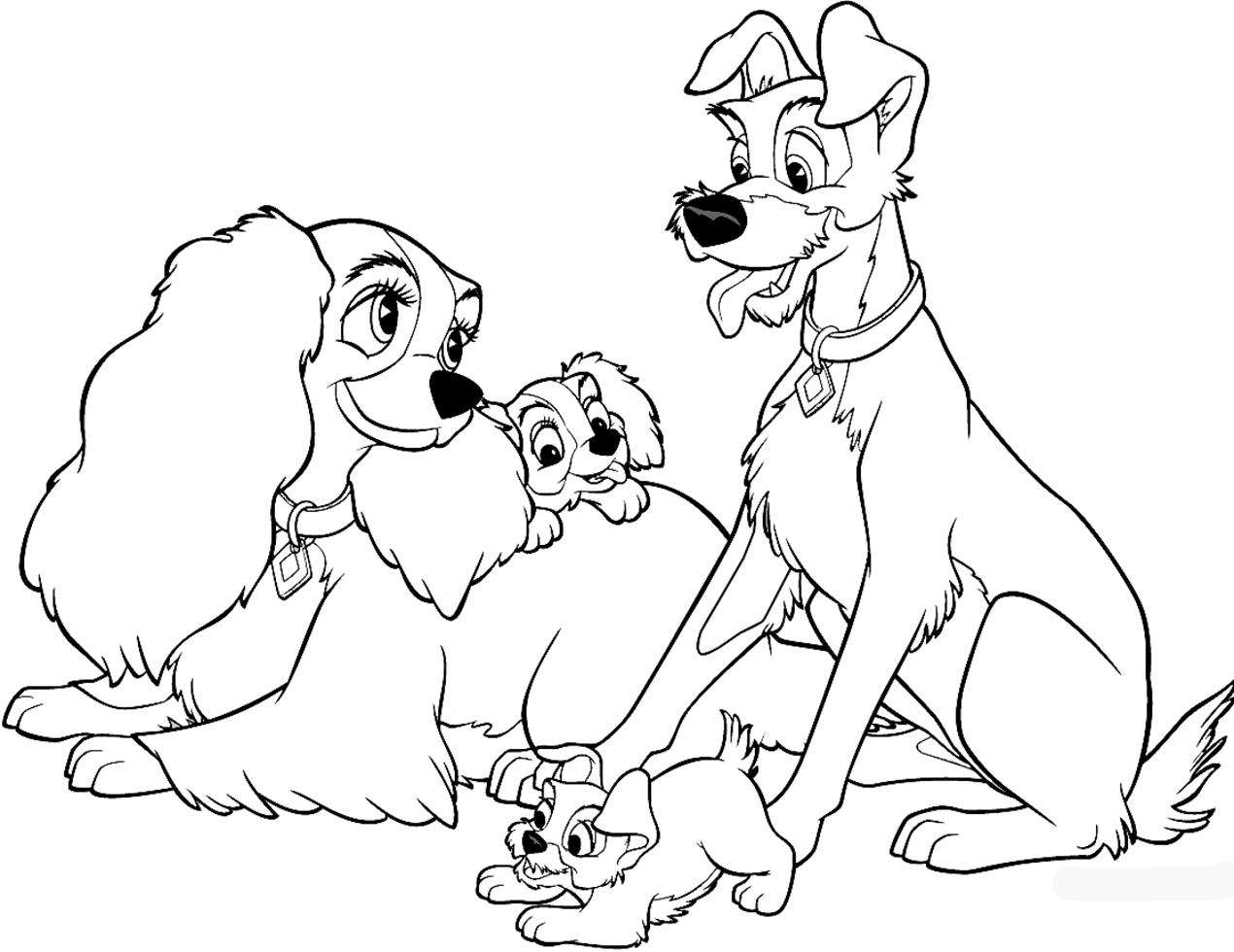 Desenho com Personagens de a Dama e o Vagabundo em Pdf para Colorir e Pintar