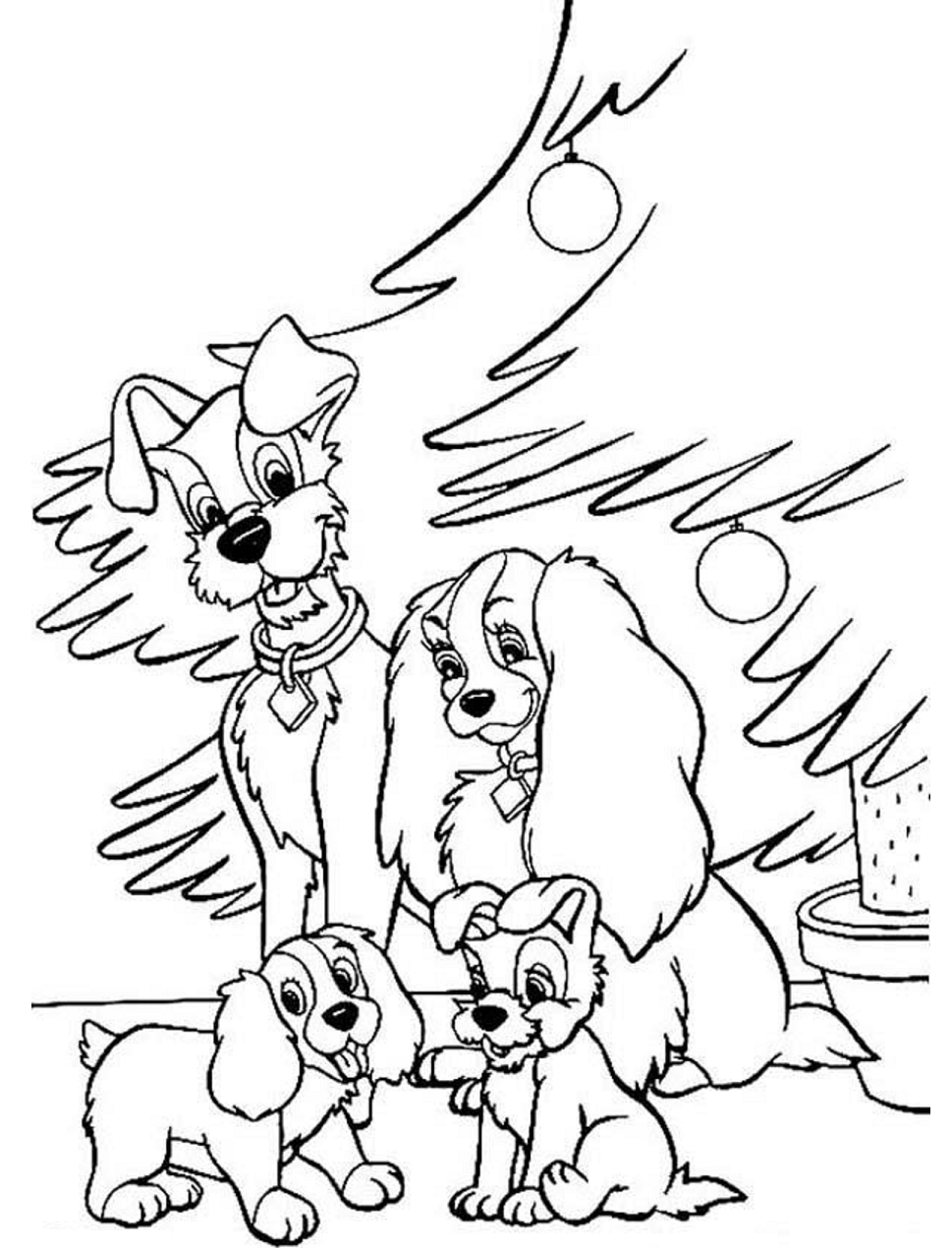 Desenho Natalino de a Dama e o Vagabundo para Colorir e Pintar