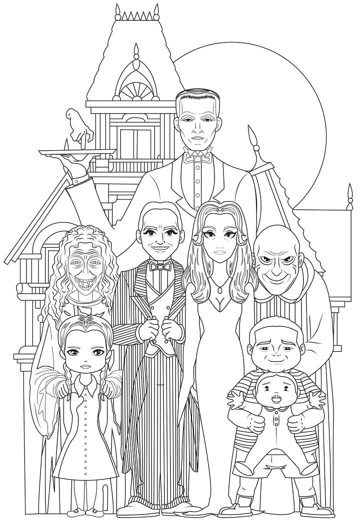 Desenho a Família Addams em Frente ao Castelo para Colorir