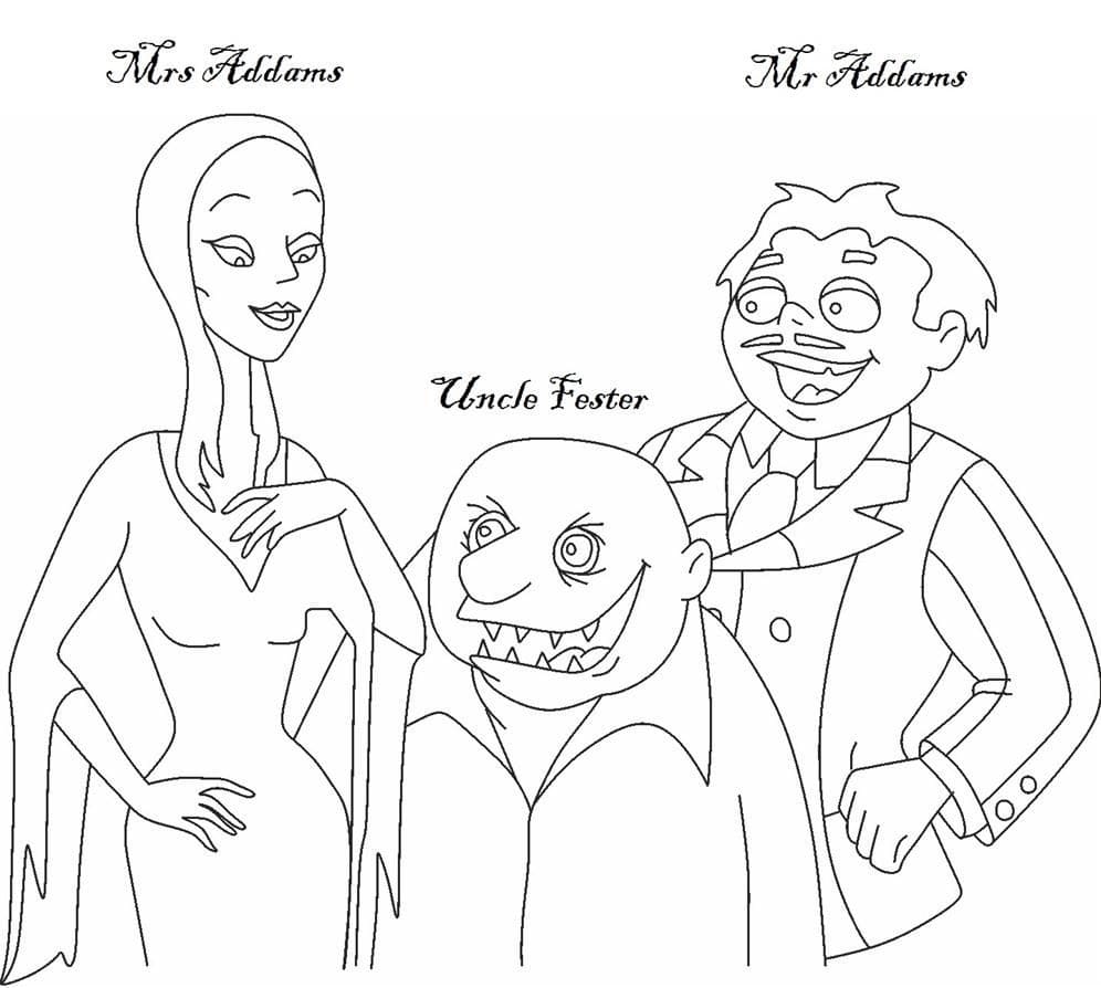 Desenho a Família Addams Morticia Tio Fester e Gomez para Colorir