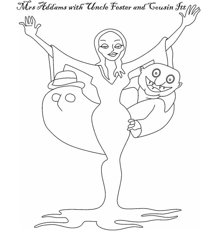 Desenho a Família Addams Morticia Tio Fester e Primo Coisa para Colorir