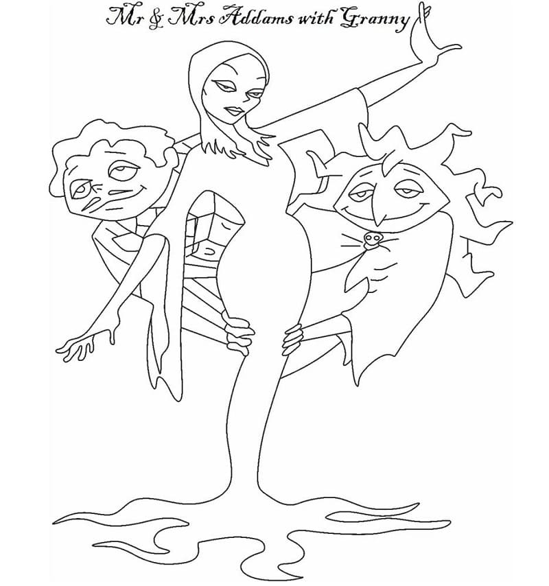 Desenho em Pdf Gomes Morticia e Vovô da Família Addams para Colorir