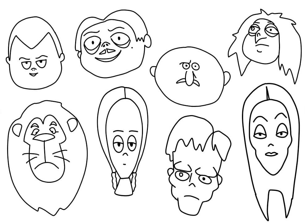 Desenho Rosto dos Personagens da Família Addams para Colorir