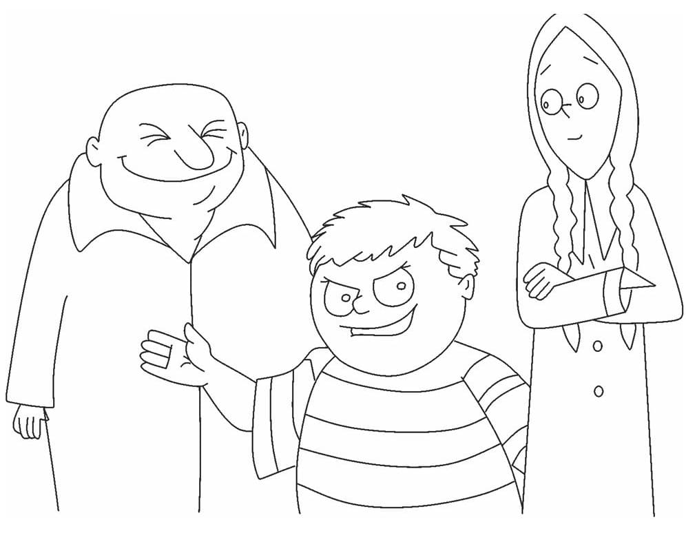 Desenho Tio Fester Pugsley e Wandinha da Família Addams para Colorir