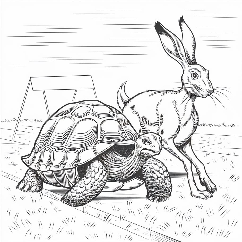 Desenho de Imagem Realista de a Lebre e a Tartaruga para Colorir