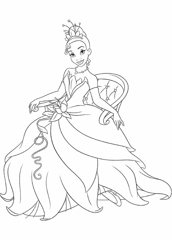 Desenho Princesa Tiana Sentada Usando Seu Lindo Vestido para Colorir
