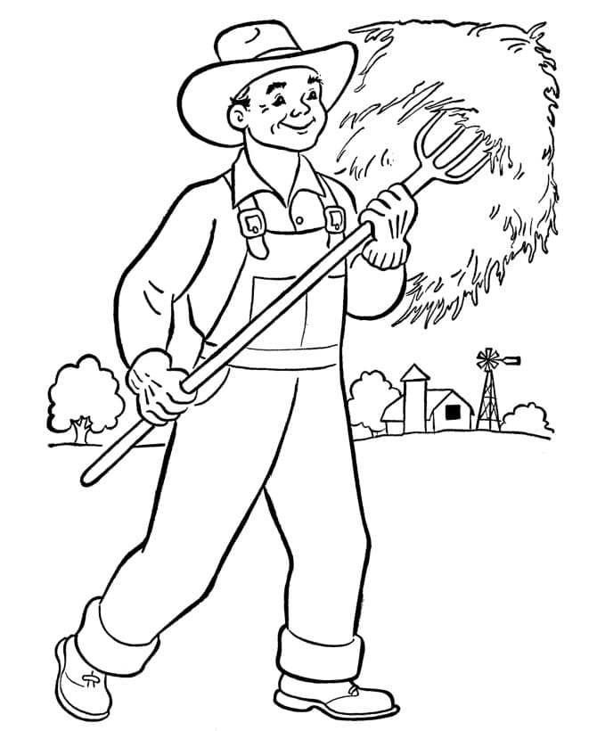 Desenho de Agricultor Colhendo Feno para Colorir em Pdf e Pintar