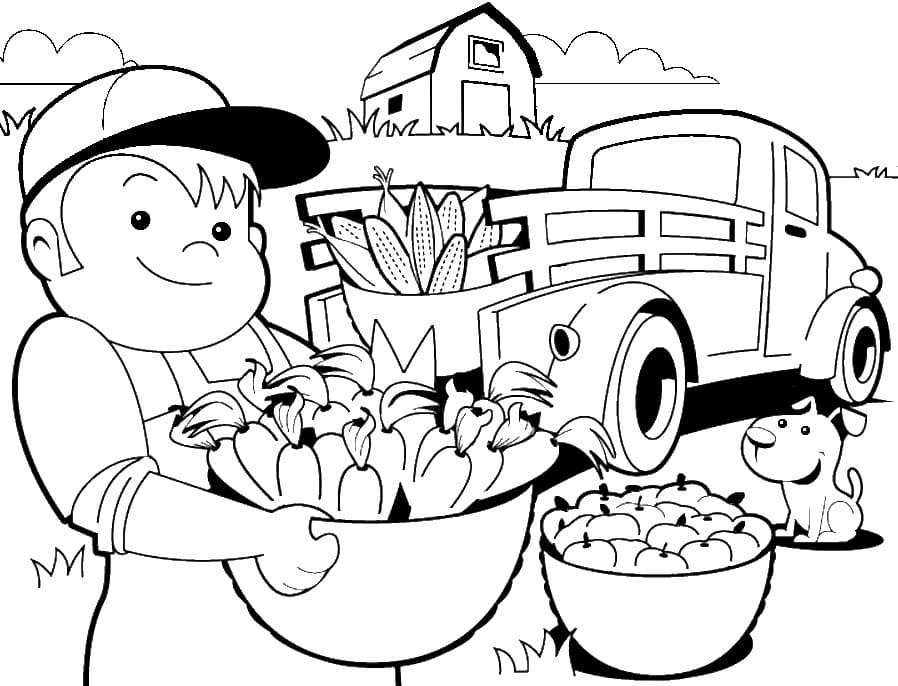 Desenho de Agricultor e Legumes para Colorir e Pintar