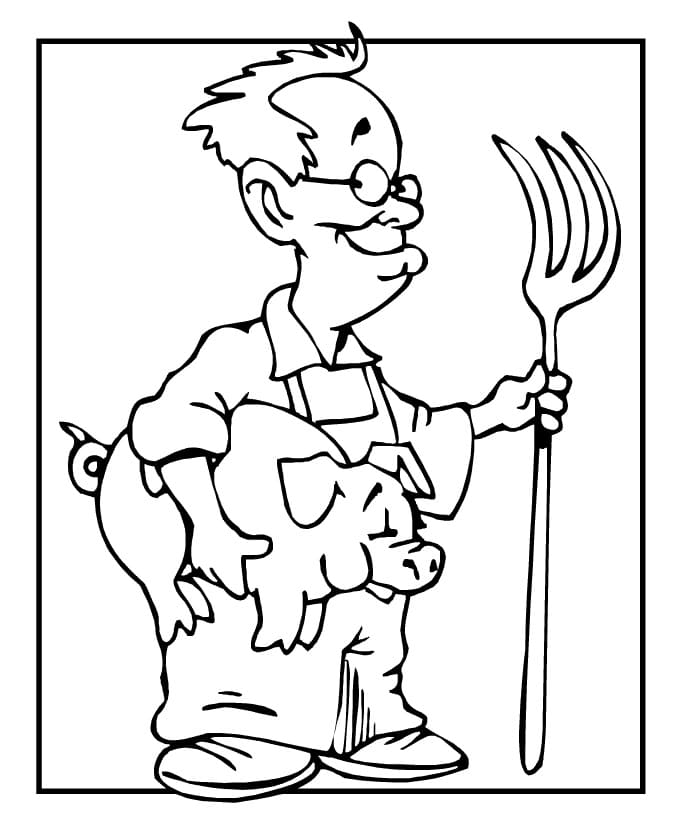 Desenho de Agricultor e um Porco para Colorir e Pintar