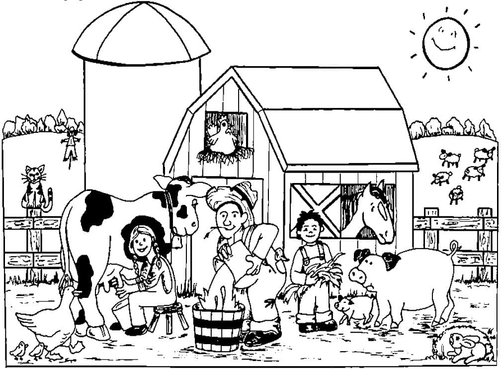 Desenho de Agricultores e Animais para Colorir e Pintar