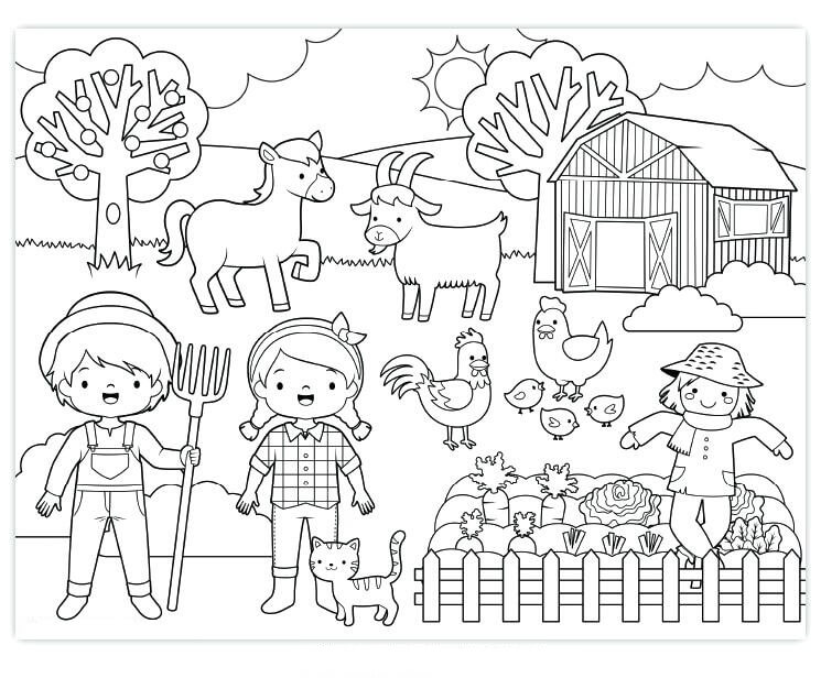 Desenho de Agricultura e Fazenda com Crianças Brincando para Colorir e Download e Pintar