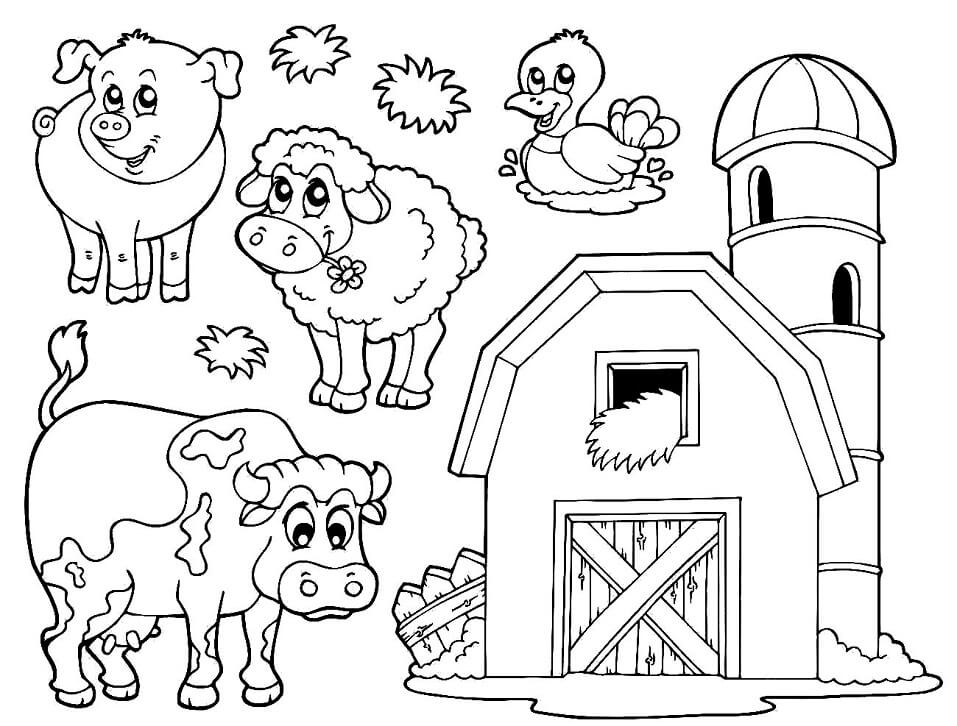 Desenho de Agricultura e Fazenda em Estilo Cartoon para Colorir e Pintar