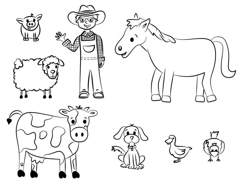 Desenho de Animais Fazenda e Fazendeiro para Colorir e Pintar