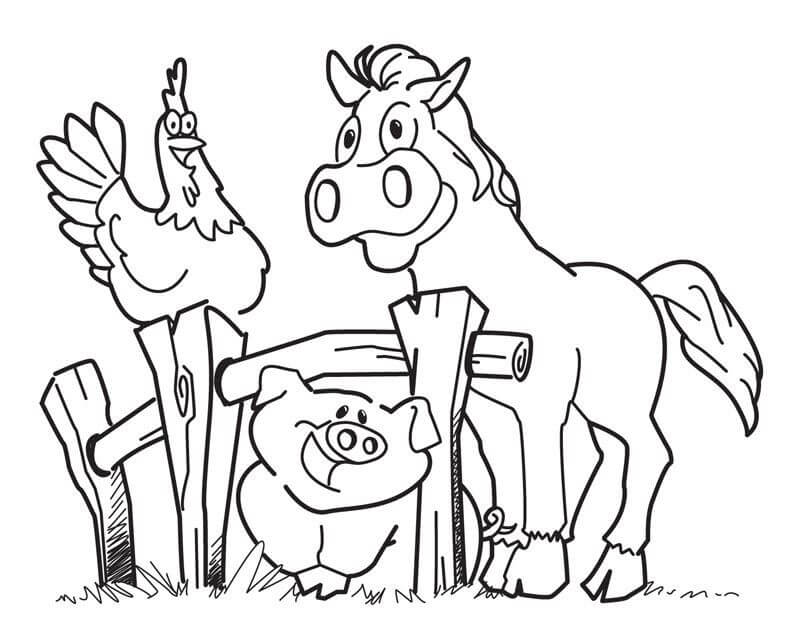 Desenho Fazenda com Cavalo Galinha e Porco para Colorir e Pintar