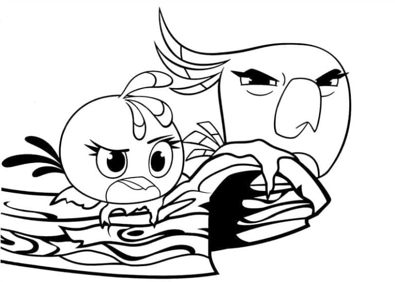 Desenho Angry Birds Stella e Poppy em Cima de Tronco de Árvore para Colorir 768×548