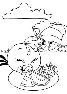 Desenho Angry Birds Stella e Willow Comendo Frutas em Piquenique no Parque para Colorir 214×300