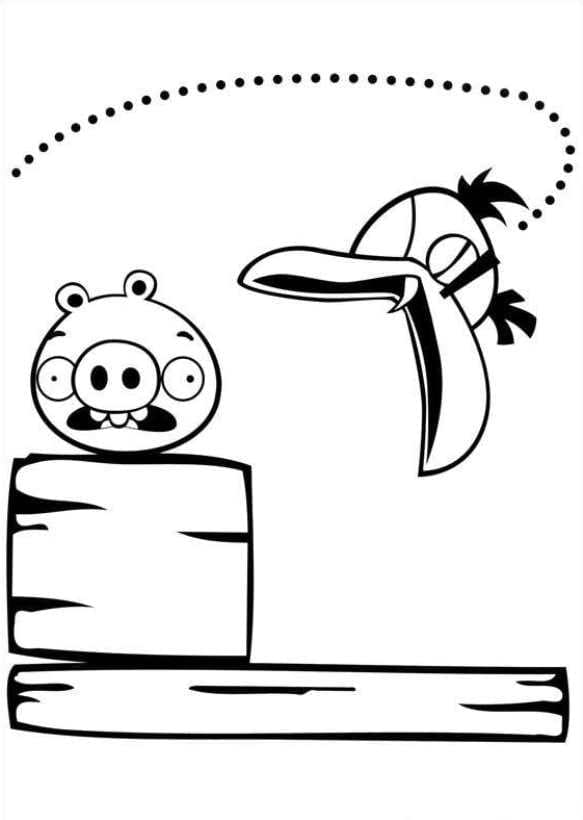 Desenho de Pássaro Querendo Capturar Porquinho de Angry Birds para Colorir