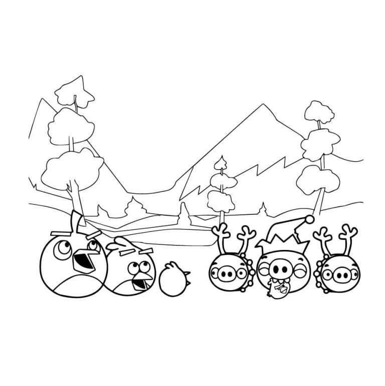 Desenho de Pássaros e Porcos na Floresta em Angry Birds para Colorir 768×769