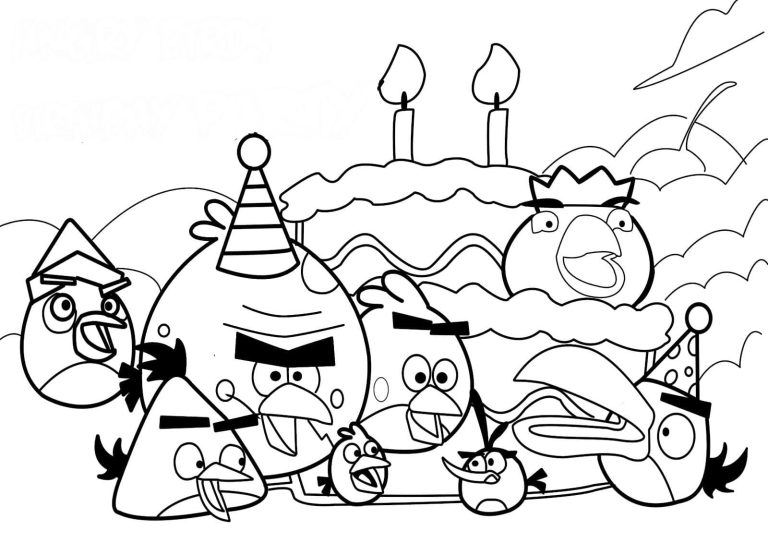 Desenho Festa de Aniversário dos Angry Birds para Colorir 768×543