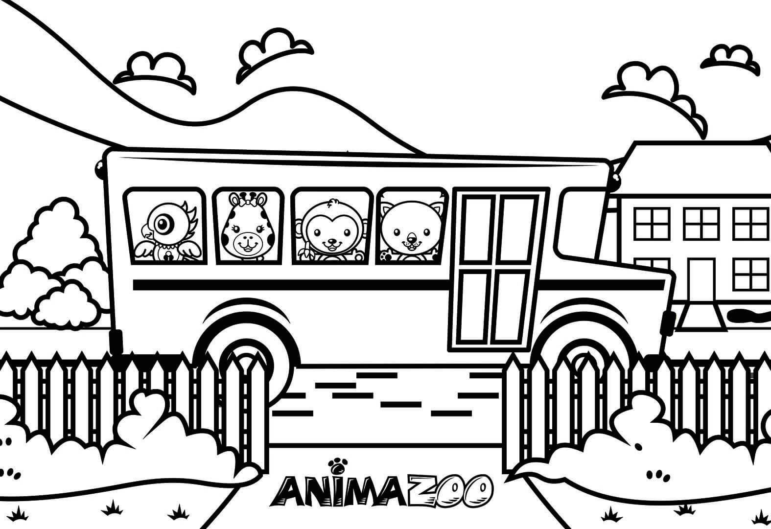 Desenho de Animazoo no Ônibus Escolar para Colorir