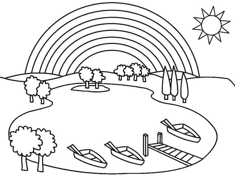 Desenho de Arco Íris Bonito em um Lago para Colorir