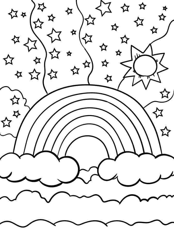 Desenho de Arco Íris com Nuvens para Colorir