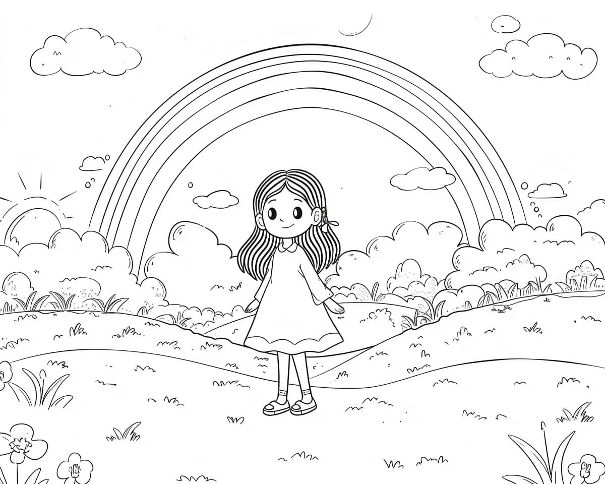 Desenho de Arco Íris e Menina no Jardim para Colorir