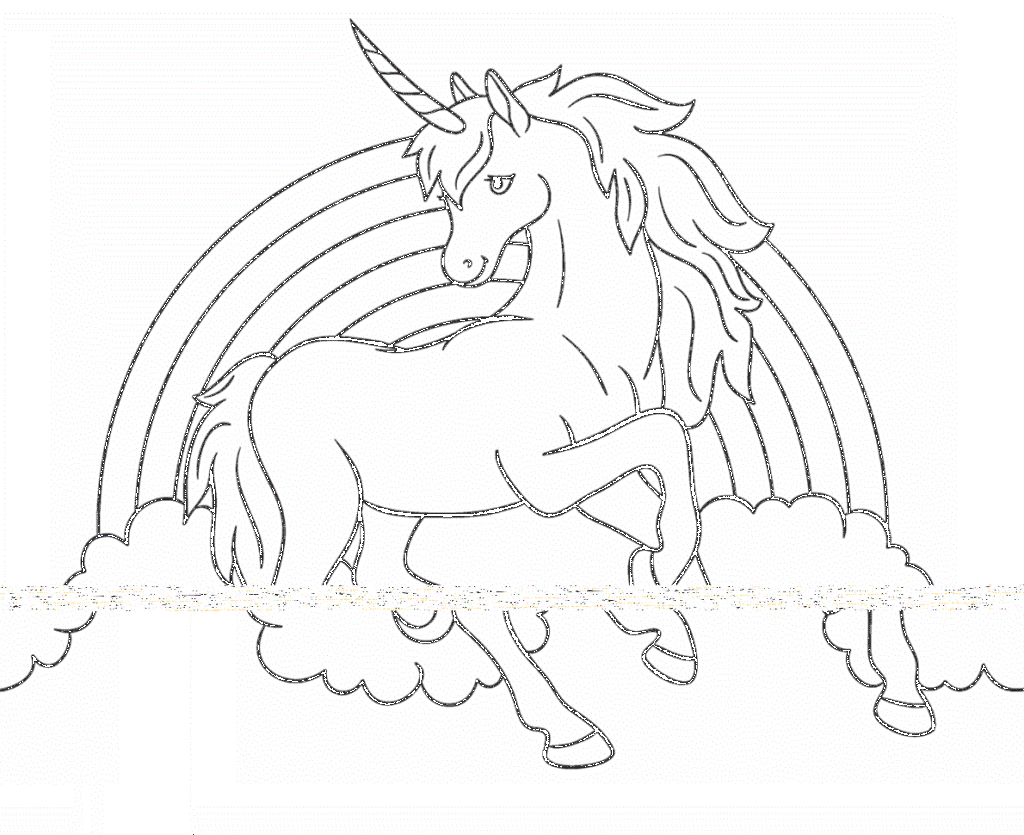 Desenho de Lindo Unicórnio com Arco Íris Fácil de Colorir