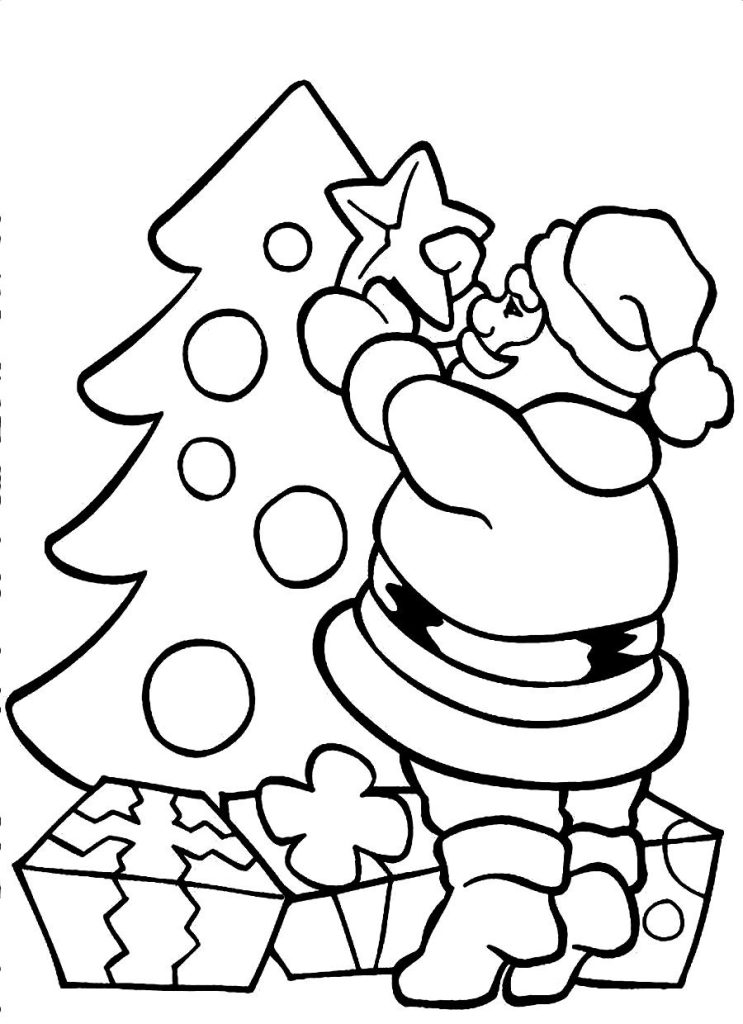 Desenho de Papai Noel Decorando Árvore de Natal para Colorir
