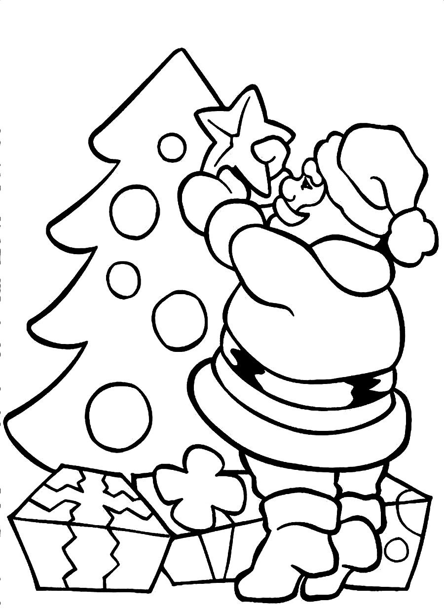 Desenho de Papai Noel Decorando Árvore de Natal para Colorir