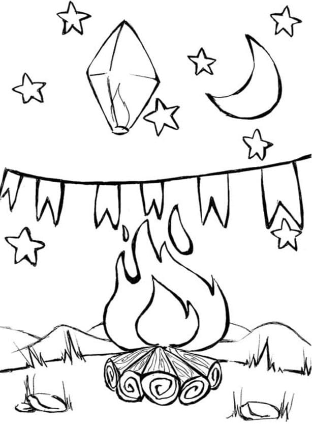 Desenho de Balão Junino e Fogueira para Colorir
