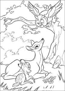 Desenho de Bambi Mãe e Amigo Coruja para Colorir 214×300