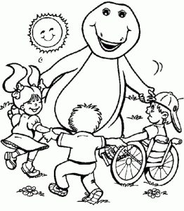 Desenho do Barney Brincando com Crianças no Jardim para Colorir 262×300