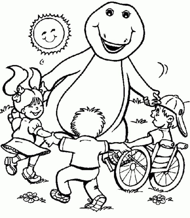 Desenho do Barney Brincando com Crianças no Jardim para Colorir 768×880