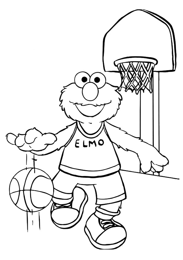 Desenho Pdf do Elmo Jogando Basquete na Escola para Colorir e Pintar