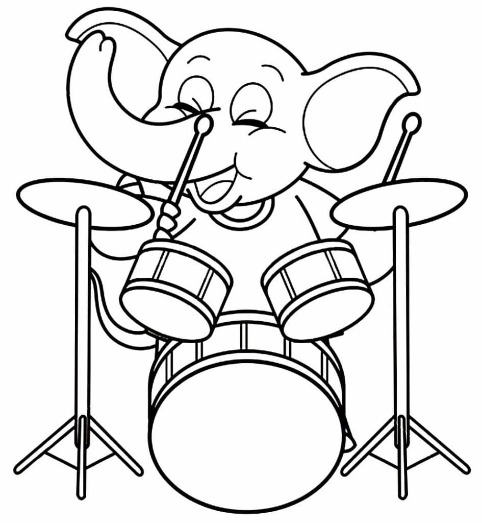 Desenho Elefante Tocando Bateria para Colorir e Pintar