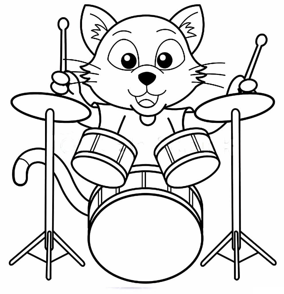 Desenho Gato Tocando Bateria para Colorir e Pintar