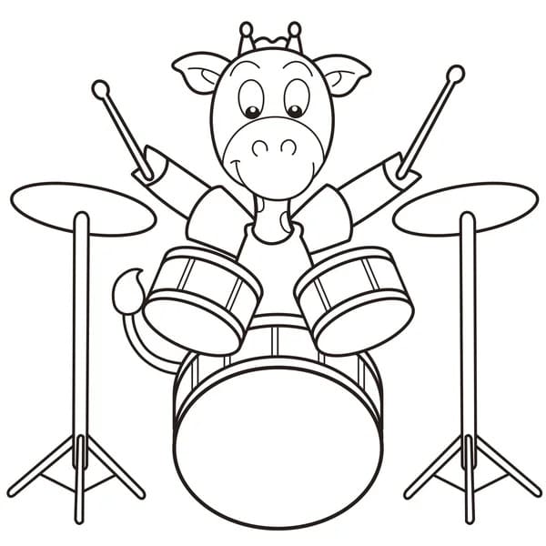 Desenho Girafa Tocando Bateria para Colorir e Pintar