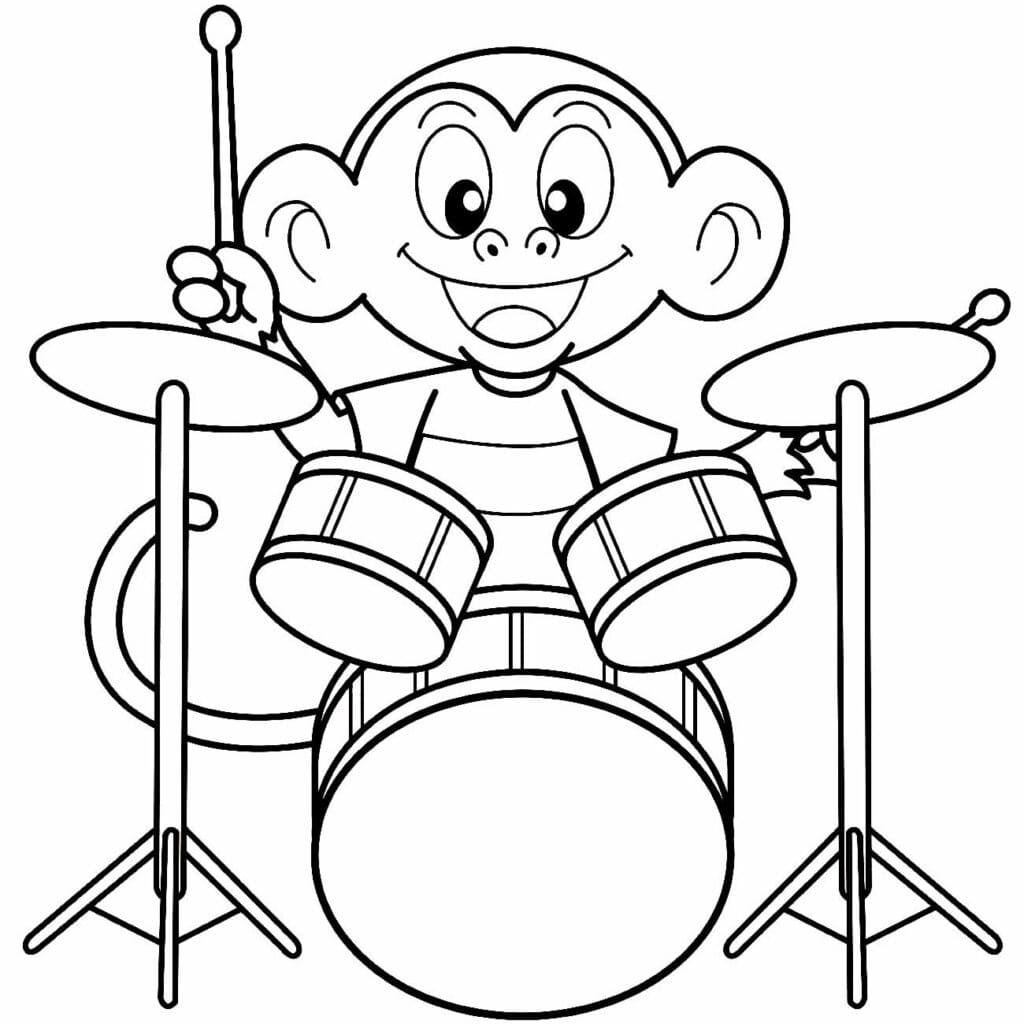 Desenho Macaco Tocando Bateria para Colorir e Pintar