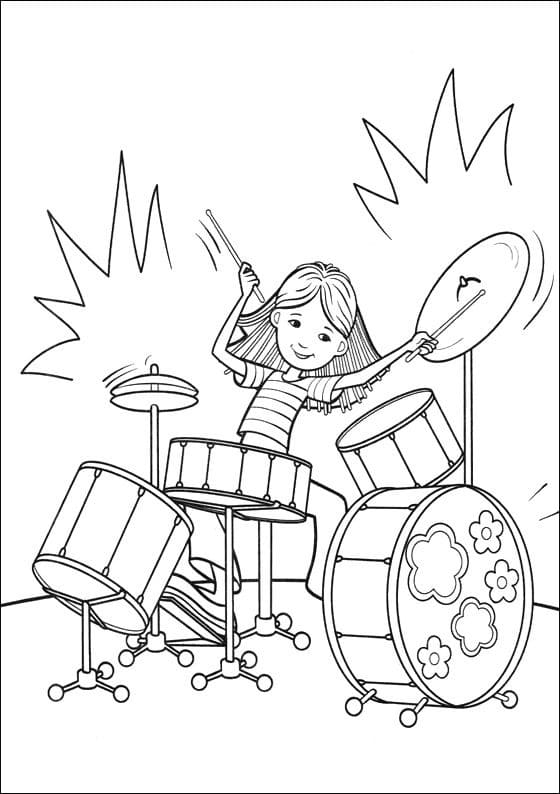 Desenho Menina Tocando Bateria para Colorir e Pintar