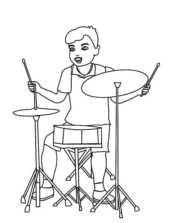 Desenho Menino Tocando Bateria para Colorir e Pintar