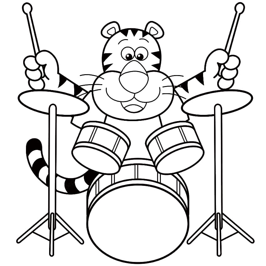 Desenho Tigre Tocando Bateria para Colorir e Pintar