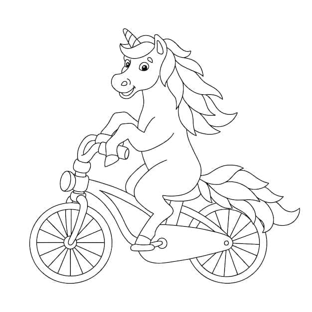 Desenho de Unicórnio Anda de Bicicleta para Colorir e Pintar