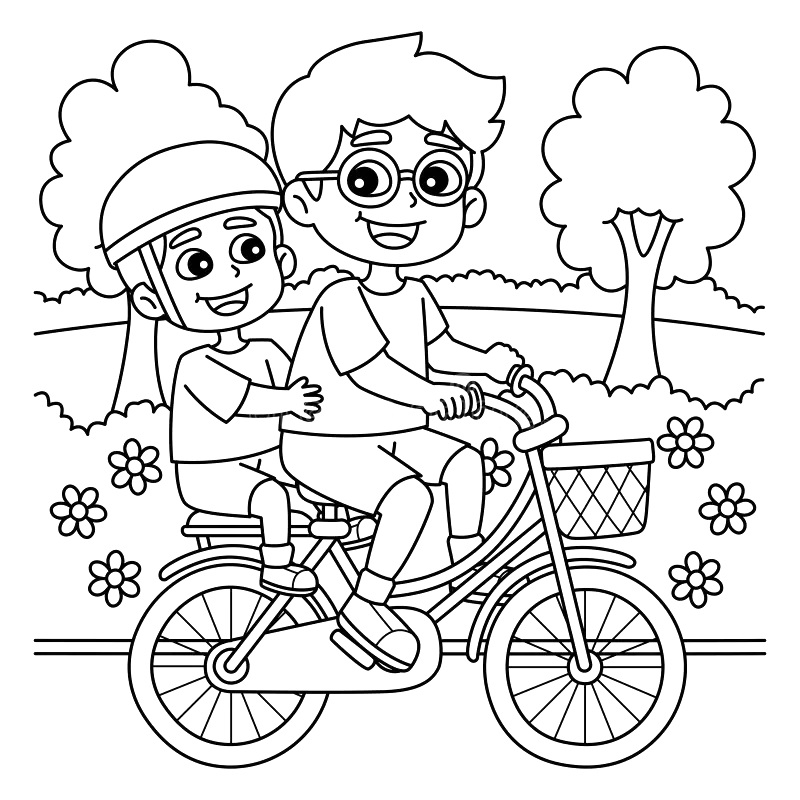 Desenho de Pai e Filho de Bicicleta no Parque para Imprimir Download e Pintar