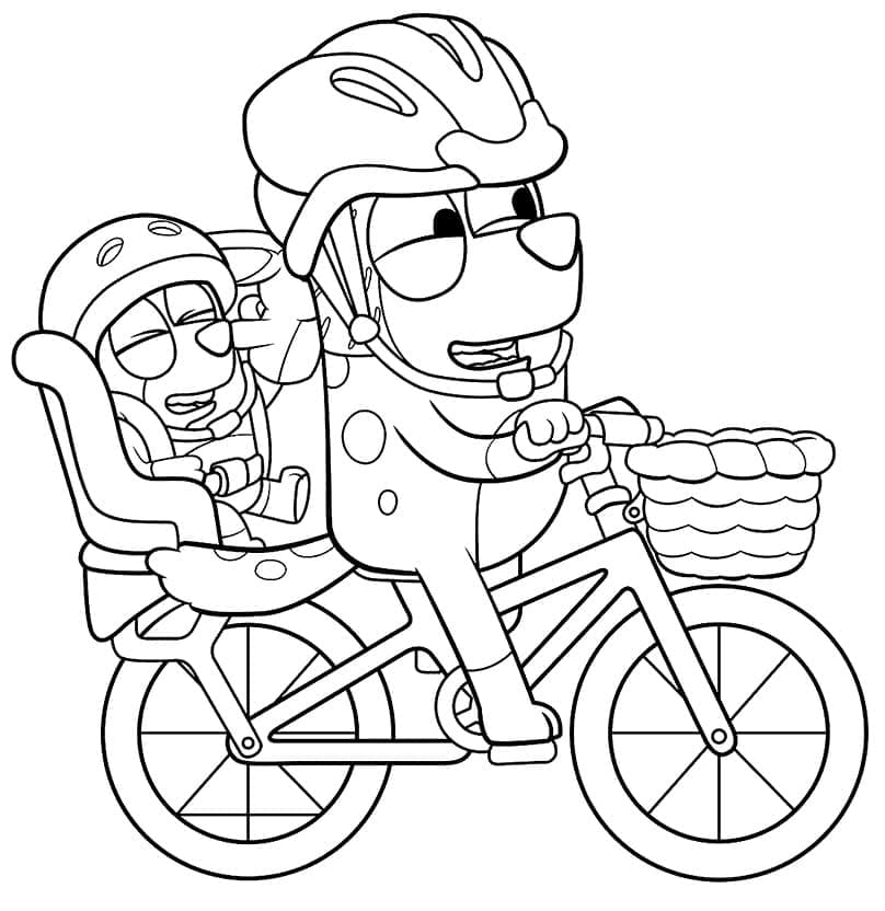 Desenho de Bingo e Bluey de Bicicleta para Colorir e Pintar