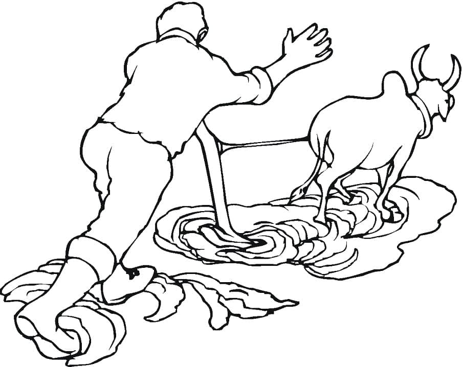 Desenho de Boi Puxando um Arado para Colorir